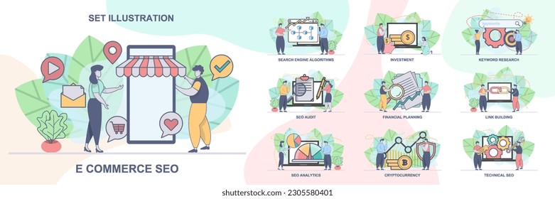 Set of web page design templates for SEO business, SEO Analytics. Technical SEO, SEO Audit web page composition with people characters. Modern vector illustration concepts