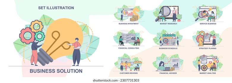 Set of web page design templates for business management, financial advisor. business solution, financial consulting web page composition with people characters. Modern vector illustration concepts