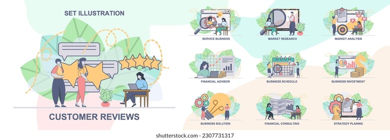 Set of web page design templates for business management, financial advisor. business solution, financial consulting web page composition with people characters. Modern vector illustration concepts