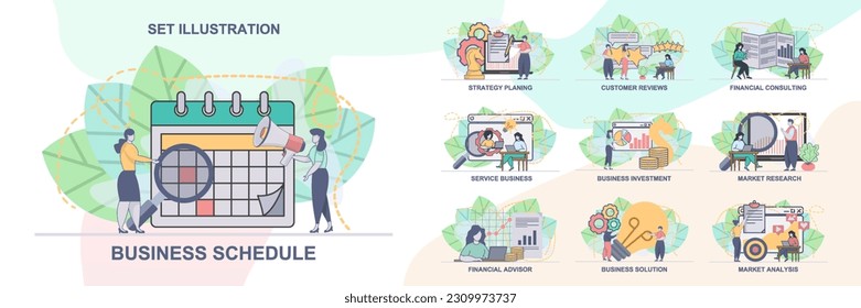Set of web page design templates for business management, market research. business schedule, market analysis web page composition with people characters. Modern vector illustration concepts
