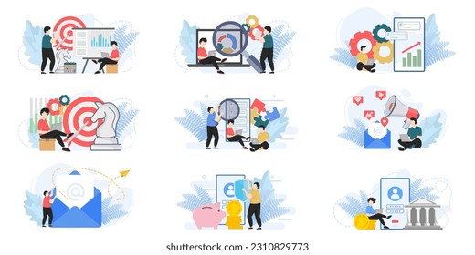 Conjunto de plantillas de diseño de páginas web para administración de negocios, Email Marketing. creación de equipos, creación de equipos de composición de páginas web con caracteres de personas. Conceptos de ilustración vectorial moderna
