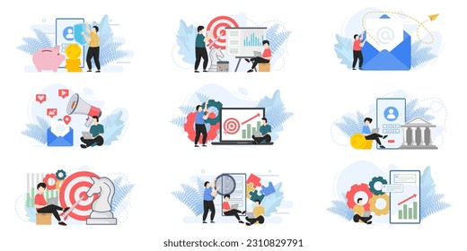 Conjunto de plantillas de diseño de páginas web para administración de negocios, Email Marketing. creación de equipos, creación de equipos de composición de páginas web con caracteres de personas. Conceptos de ilustración vectorial moderna