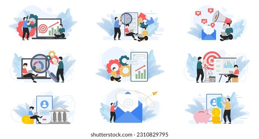 Conjunto de plantillas de diseño de páginas web para administración de negocios, Email Marketing. creación de equipos, creación de equipos de composición de páginas web con caracteres de personas. Conceptos de ilustración vectorial moderna