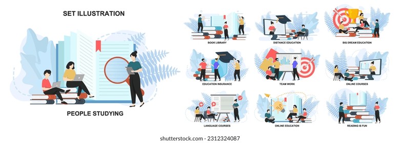 Conjunto de plantillas de diseño de páginas web para educación, trabajo en equipo, educación en línea, composición de páginas web de cursos en línea con caracteres de personas. Conceptos de ilustración vectorial moderna