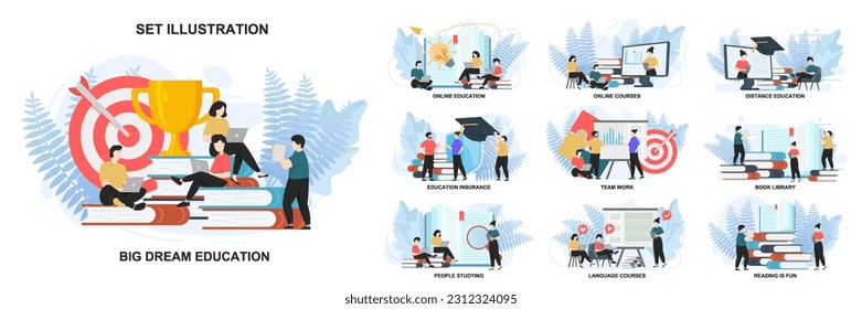 Set of web page design templates for education, Team work, Online education, Online courses web page composition with people characters. Modern vector illustration concepts
