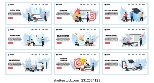 Conjunto de plantillas de diseño de páginas web para educación, trabajo en equipo, educación en línea, composición de páginas web de cursos en línea con caracteres de personas. Conceptos de ilustración vectorial moderna