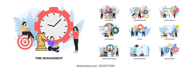 Set of web page design templates for Management web page composition with Leadership, Time Management, Risk Management and more Modern vector illustration concepts