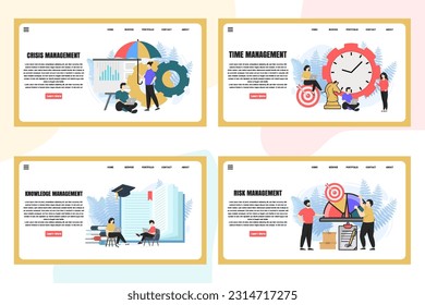 Satz von Webseitendesign-Vorlagen für die Management-Webseitenzusammensetzung mit Leadership, Time Management, Risk Management und moderneren Vektorgrafik-Konzepten