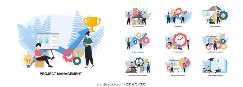 Set of web page design templates for Management web page composition with Leadership, Time Management, Risk Management and more Modern vector illustration concepts