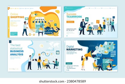 Set of web page design templates for online shopping, digital marketing, teamwork, business strategy and analytics. Modern vector illustration concepts for website and mobile website development