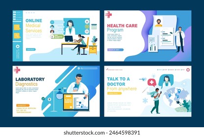 Set of web page design templates for online medical support, health care, laboratory, medical services. People, medical workers. Vector illustration concepts for website and mobile website development