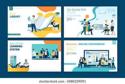 Set of web page design templates for book library, online learning, education. Modern vector illustration concepts for website and mobile website development. People work online, discuss business