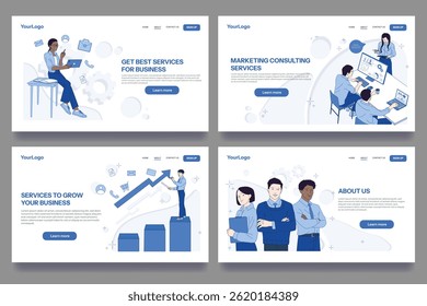 Conjunto de Plantillas de diseño de página de Web. Diseños de páginas de destino para servicios de marketing, consultoría de negocios y análisis financiero. Colección plana de la Ilustración vectorial del contorno aislada en el fondo