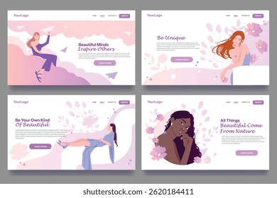 Set of web page design templates. Landing page layouts for spa centers, beauty products, natural cosmetics and wellness services. Cartoon flat vector illustration collection isolated on background