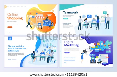 Set of web page design templates for online shopping, digital marketing, teamwork, business strategy and analytics. Modern vector illustration concepts for website and mobile website development. 