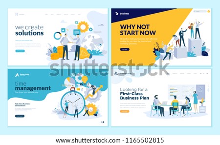 Set of web page design templates for business solutions, startup, time management, planning and strategy. Modern vector illustration concepts for website and mobile website development. 