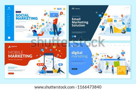 Set of web page design templates for digital marketing, mobile solutions, networking and email marketing. Modern vector illustration concepts for website and mobile website development. 