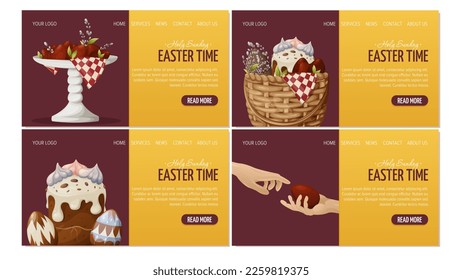 Set of web page designs for happy easter. Festive traditional cake in a wicker basket, red egg in hand, willow twigs. Vector illustration, template for poster, banner, website.