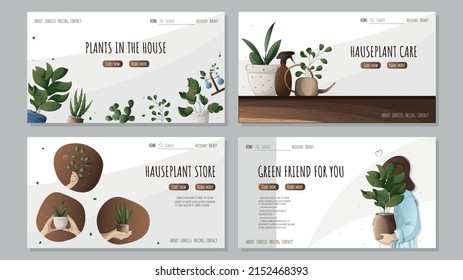 Set of web page of houseplants, set for web with pots, set for gardening web site, houseplant store concept, houseplant store website, greenhouse, flower shop, houseplant sale	