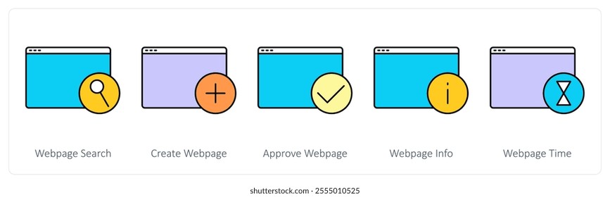 A set of web page icons as webpage search, create webpage, approve webpage