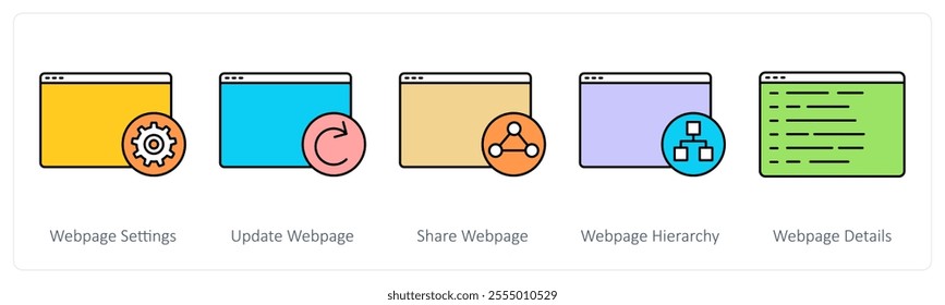 A set of web page icons as webpage settings, update webpage, share webpage