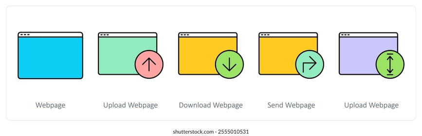 A set of web page icons as webpage, upload webpage, download webpage