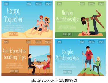 Set of web page interfaces for bonding couple and relationship actions, flat vector illustration. Landing or web page that depicts relationships between men and women.