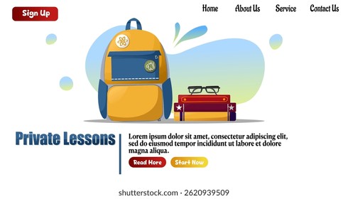 Conjunto de aulas particulares de página web com saco, livros, laptop e tutor.