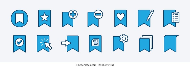 Set of web page site bookmark icon. Containing click button, add, remove, star favorite, rename or edit, list, save, settings, enter, copy, primary, open, manager, show. Vector illustration