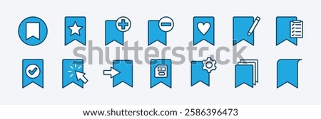 Set of web page site bookmark icon. Containing click button, add, remove, star favorite, rename or edit, list, save, settings, enter, copy, primary, open, manager, show. Vector illustration