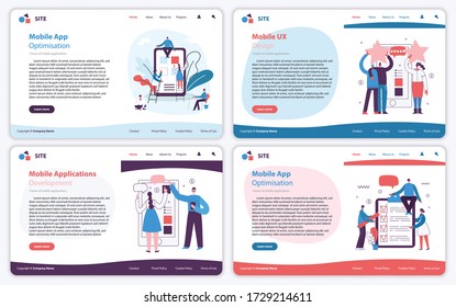 Set of web page site concept illustrations in modern flat and clean design. Landing page, single page application for mobile development, optimization, design.