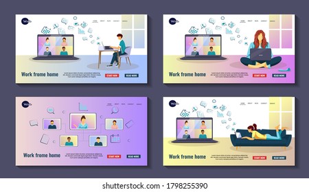 Set of web page template with people working from home. Distance working and learning, online meeting, video conferencing, communication concept. Vector illustration.