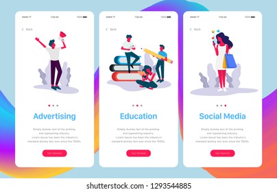 Conjunto de plantillas de páginas web para publicidad, educación y medios sociales. Ilustración plana vectorial moderna para el desarrollo de sitios web y móviles. - Vector