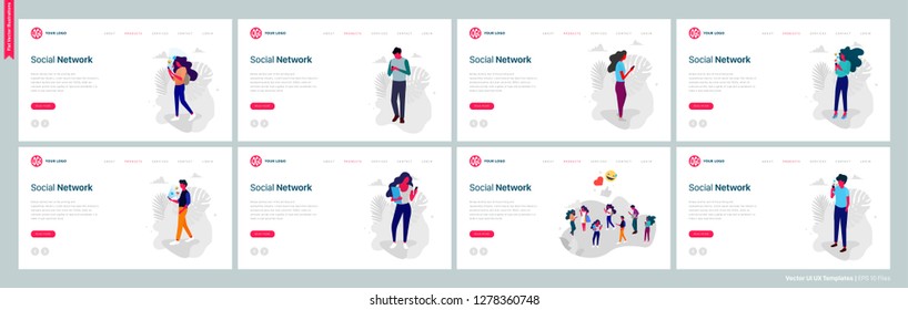 
Set of web page templates for social networking, social media, communication. Modern vector flat illustration for website and mobile website development. - Vector