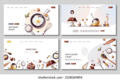 Set Of Web Pages For Baking, Bakery Shop, Cooking, Sweet Products, Dessert, Pastry. Vector Illustrations For Poster, Banner, Website, Advertising.