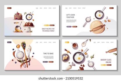 Set von Webseiten mit Backelementen. Backen, Bäckerei, Kochen, süße Produkte, Dessert, Gebäck Konzept. Vektorgrafik für Poster, Banner, Website, Werbung.