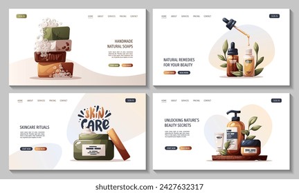 Set of web pages with beauty products, cosmetics, soap. Beauty, skin care, body care, cleansing concept. Vector illustration for banner, poster, website.