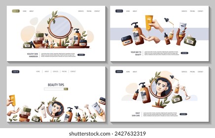 Set of web pages with set of beauty products, cosmetics, woman in the mirror. Beauty, skin care, body care, cleansing concept. Vector illustration for banner, poster, website.