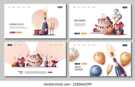 Set of web pages with Birthday cake, champagne, cupcake, gifts, caps, confetti. Birthday party, celebration, holiday, event, festive, bakery, tasty food concept. Vector illustration. 