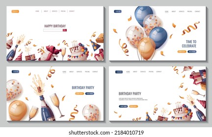 Set of web pages with Birthday cake, balloons, champagne, cupcake, gifts, caps, confetti. Birthday party, celebration, holiday, event, festive, bakery, tasty food concept. Vector illustration. 