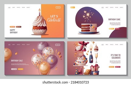 Set of web pages with Birthday cake, balloons, champagne, cupcake, gifts, caps, confetti. Birthday party, celebration, holiday, event, festive, bakery, tasty food concept. Vector illustration. 