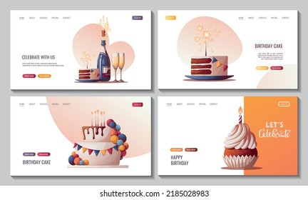 Set of web pages with Birthday cake, champagne, cupcake. Birthday party, celebration, holiday, event, festive, bakery, tasty food concept. Vector illustration. 