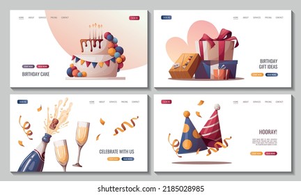 Set of web pages with Birthday cake, champagne, gifts, caps, confetti. Birthday party, celebration, holiday, event, festive, bakery, tasty food concept. Vector illustration. 
