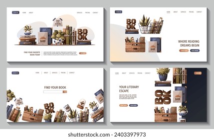 Set von Webseiten mit Büchern, Topfpflanzen, Körben. Buchladen, Buchladen, Buchliebhaber, Lesen, Innenarchitektur. Vektorgrafik für Website, Banner, Promo.