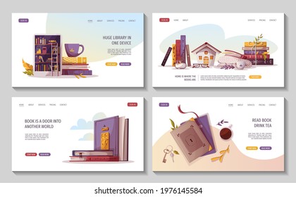 Set of web pages for bookstore, bookshop, library, book lover, bibliophile, education, e-book reader. Vector illustration for poster, banner, website, advertising.