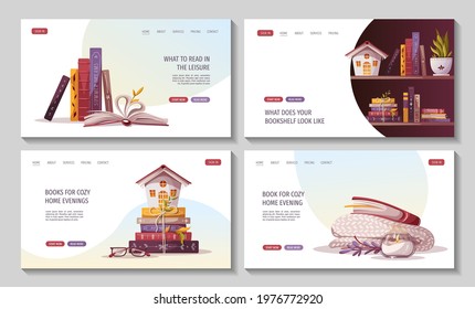 Set of web pages for bookstore, bookshop, library, book lover, bibliophile, education. Vector illustration for poster, banner, website, advertising.