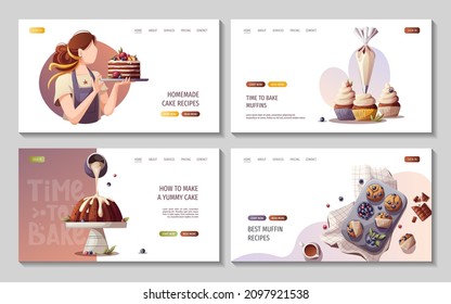 Conjunto de páginas web con pasteles, muffins, quequitos. Panadería, panadería, cocina, productos dulces, postre, pastelería. Ilustración vectorial para afiches, banner, sitio web, publicidad.