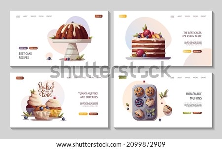 Set of web pages with Cakes, muffins, cupcakes. Baking, bakery shop, cooking, sweet products, dessert, pastry concept. Vector illustration for poster, banner, website, advertising.