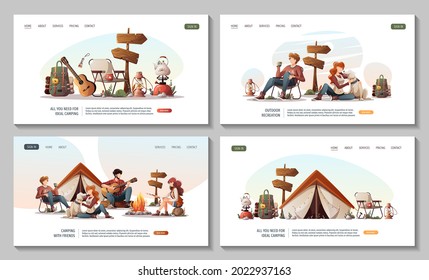 Set of web pages with campsite. Summertime camping, traveling, trip, hiking, camper, nature, journey concept. Vector illustration for poster, banner, website.