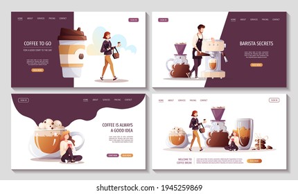 Set of web pages for Coffee shop, break, cafe-bar, restaurant. Barista with coffee machine. Woman with coffee in paper cup. Woman drinking coffee. Vector illustration for poster, banner, website.